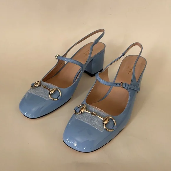GUCCI Women's Horsebit Mary Jane Pumps Blue Patent Leather Size 8.5 NIB - Picture 2 of 10